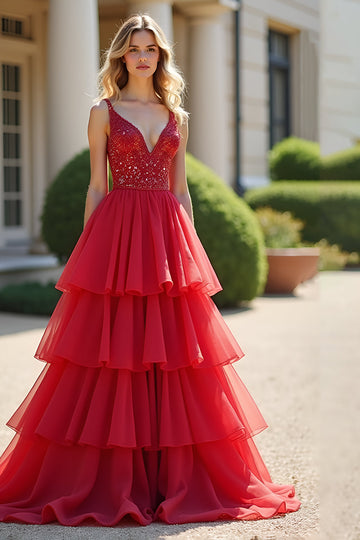 Robe de bal rouge scintillant Deep V Ruffles Tulle Robe de bal longue avec perles